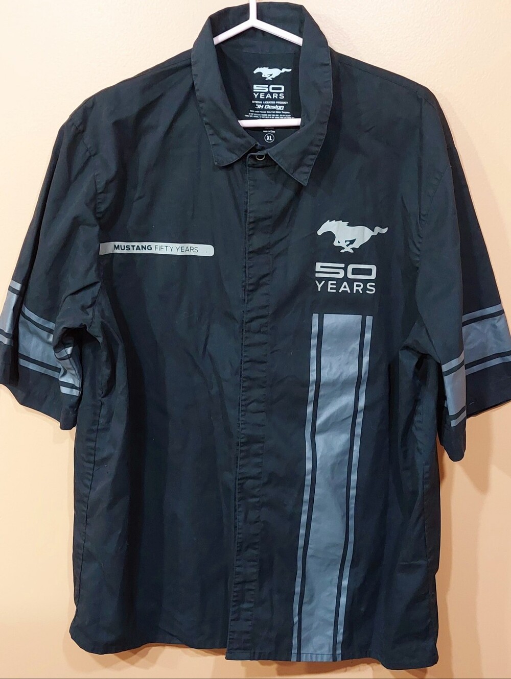 JH Design Ford Mustang 50 Years Short Sleeve Snap Buttons Black Silver Shirt XL